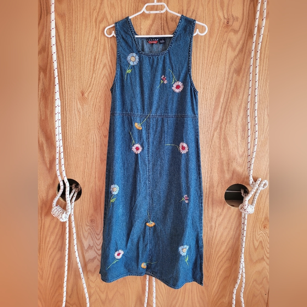 Cute Vintage Asapo Collection Embroidered Blue Denim Cotton Dress Women Small